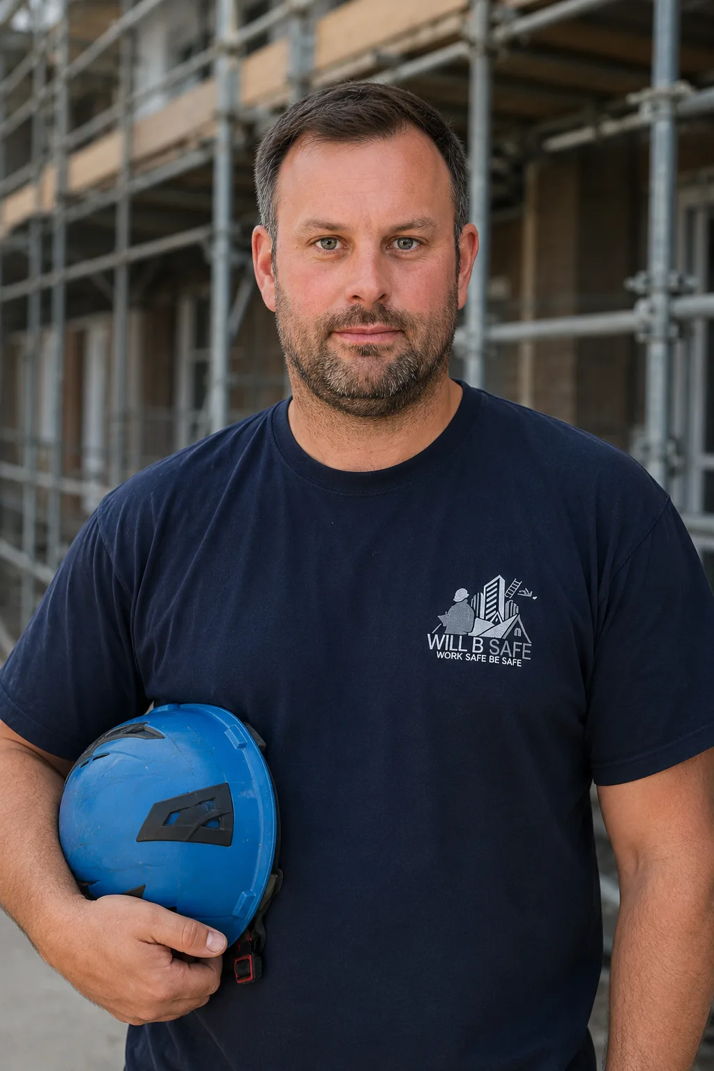 Jamie Will, independent scaffold inspector, holding his blue safety helmet