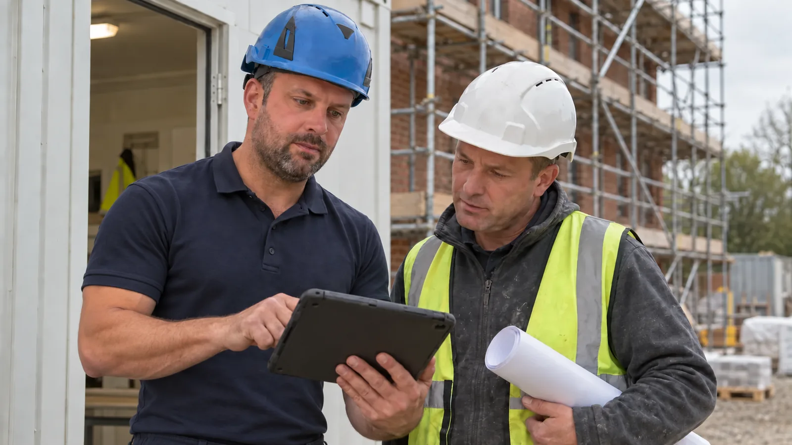 Site manager and independent inspector reviewing a scaffold inspection record