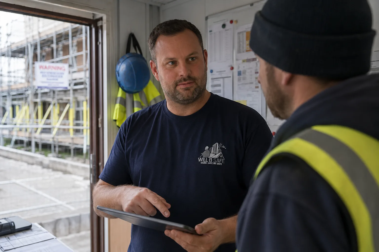 Jamie Will discussing site paperwork on an iPad in a site cabin