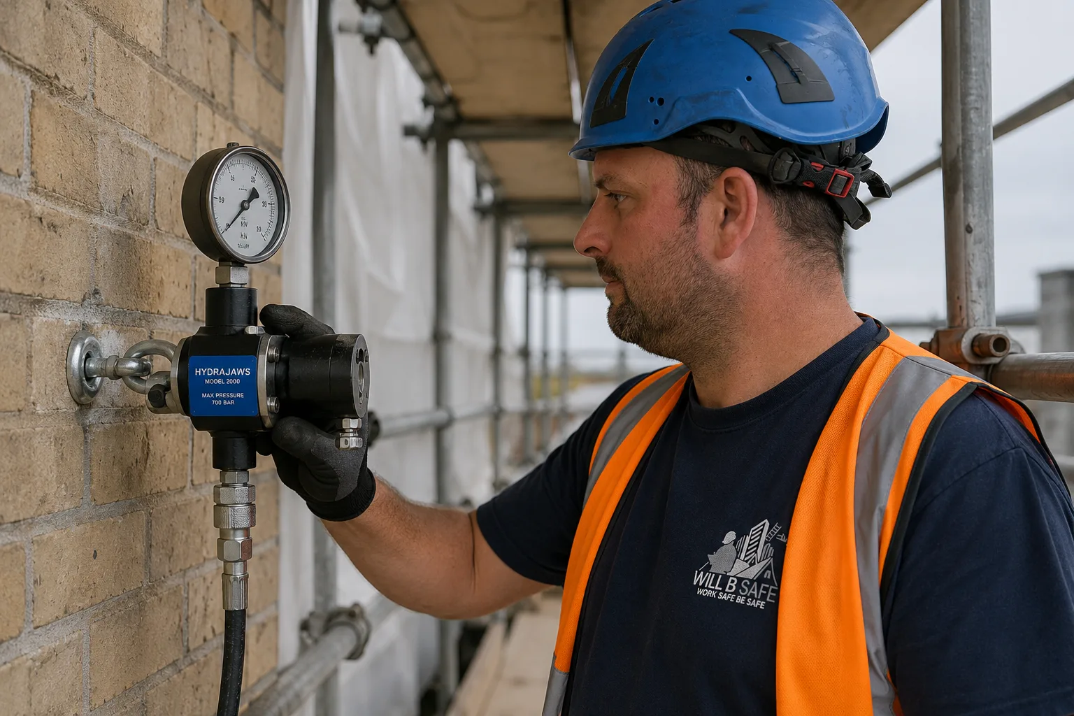 Scaffold anchor pull test on an eyebolt using a hydraulic tester