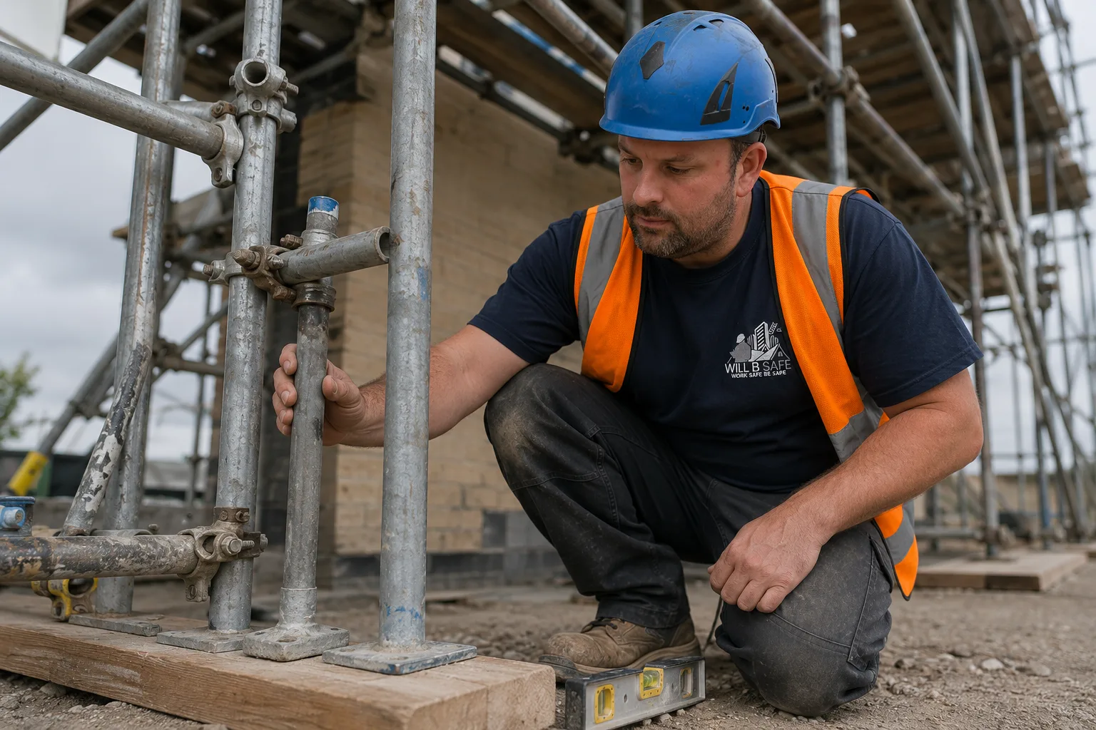 Scaffold safety inspector checking a base plate and sole board on a tube and fitting scaffold
