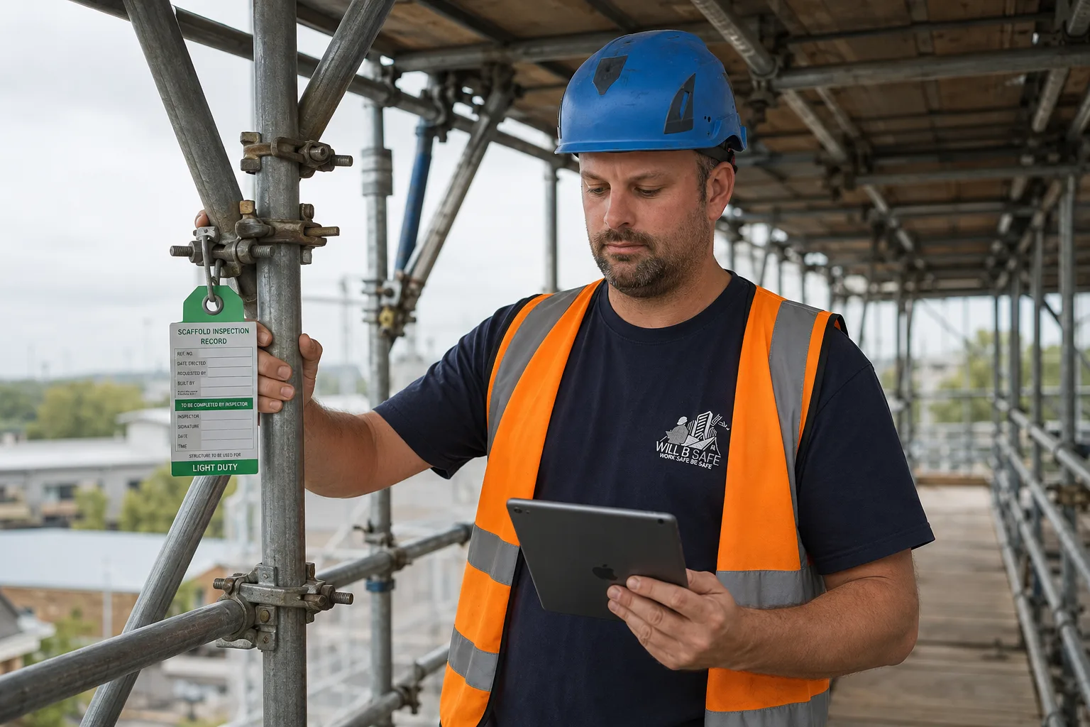 Scaffold inspector recording an inspection on an iPad next to a green scaffold inspection tag