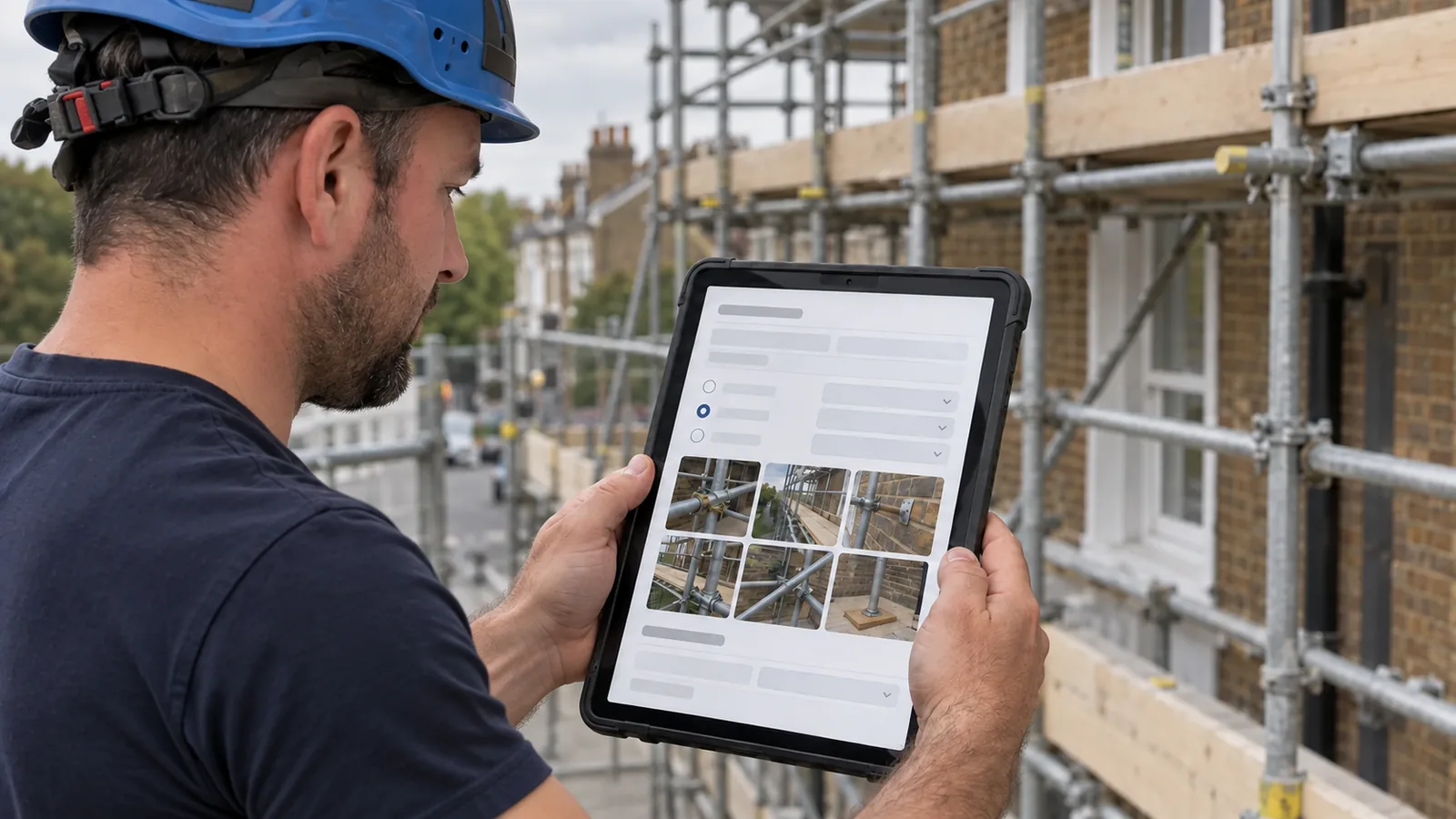 Scaffold inspection report being completed on an iPad on site
