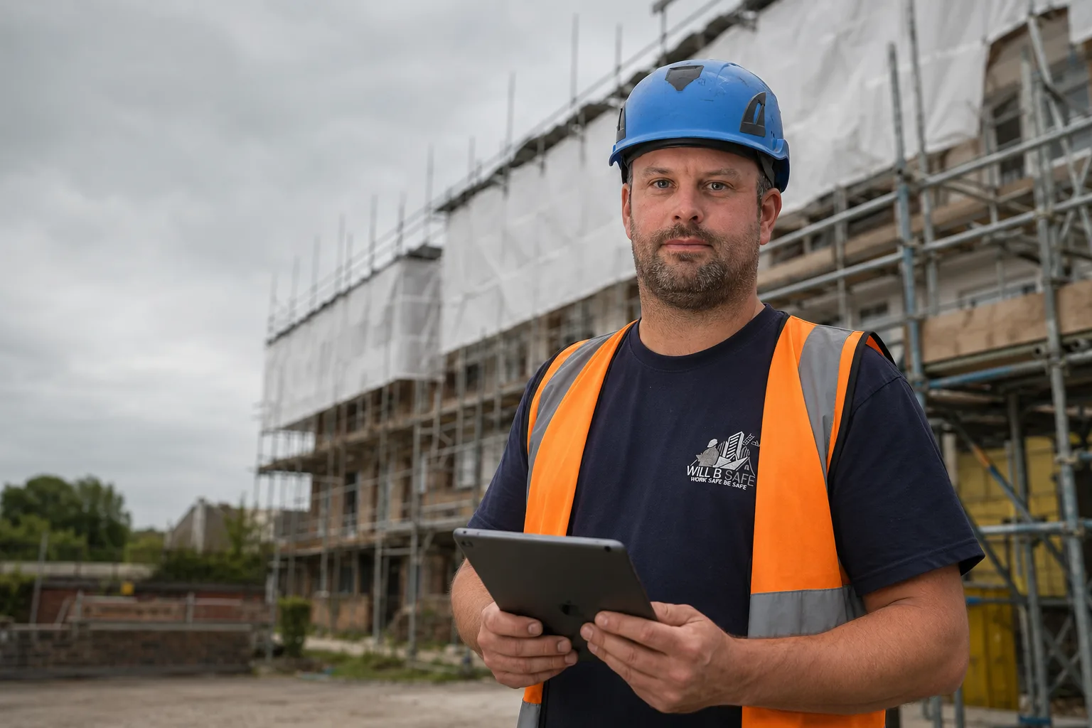 Jamie Will of Will B Safe holding an iPad in front of a sheeted tube and fitting scaffold
