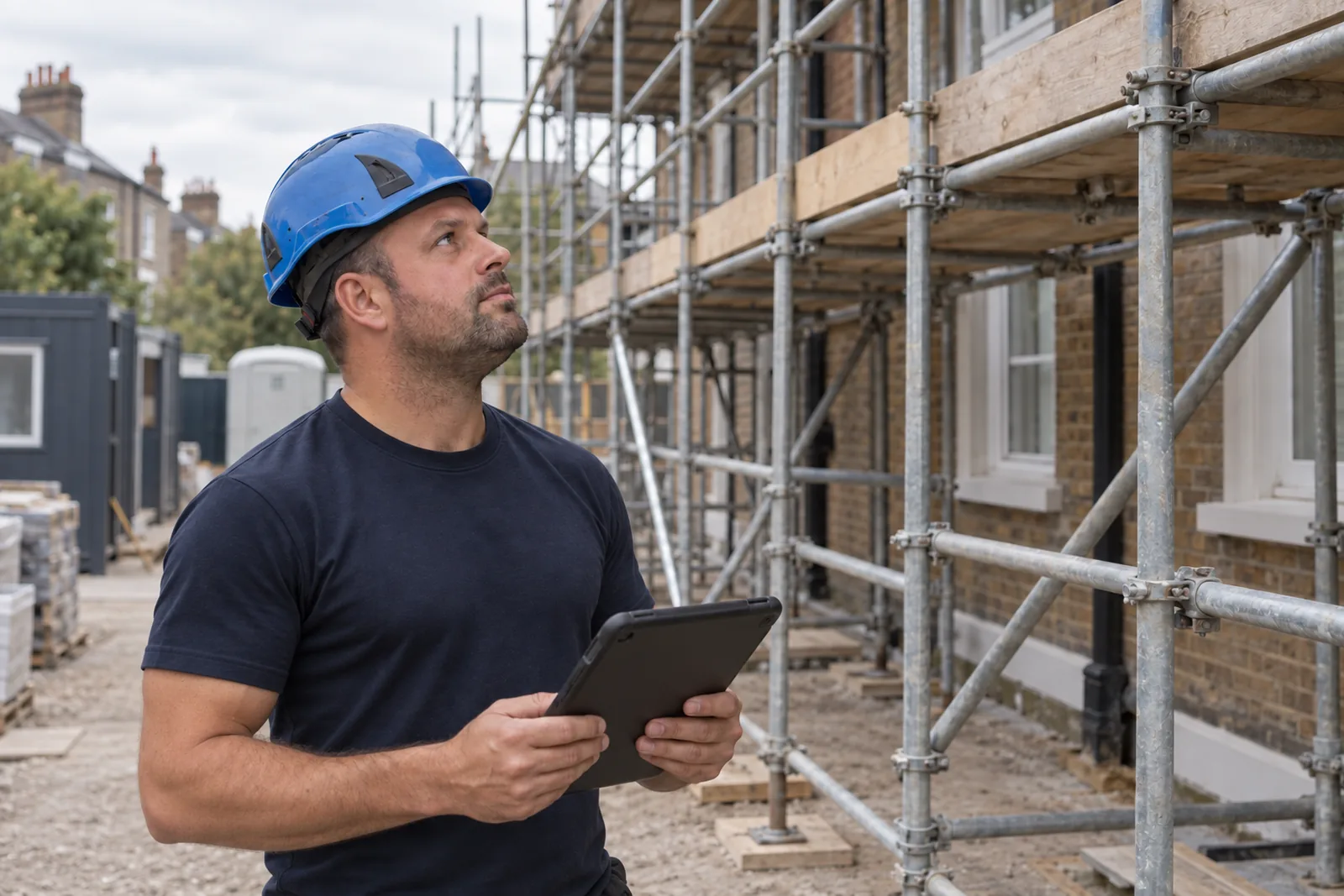 Independent scaffold inspector reviewing a scaffolding contractor's structure on a London site