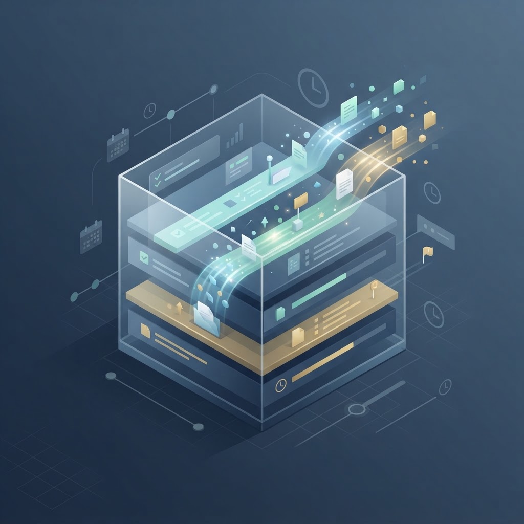 Isometric illustration of CRM migration process showing data particles flowing through transparent cube with timeline markers, progress bars, and phase indicators in blue and cyan tones.