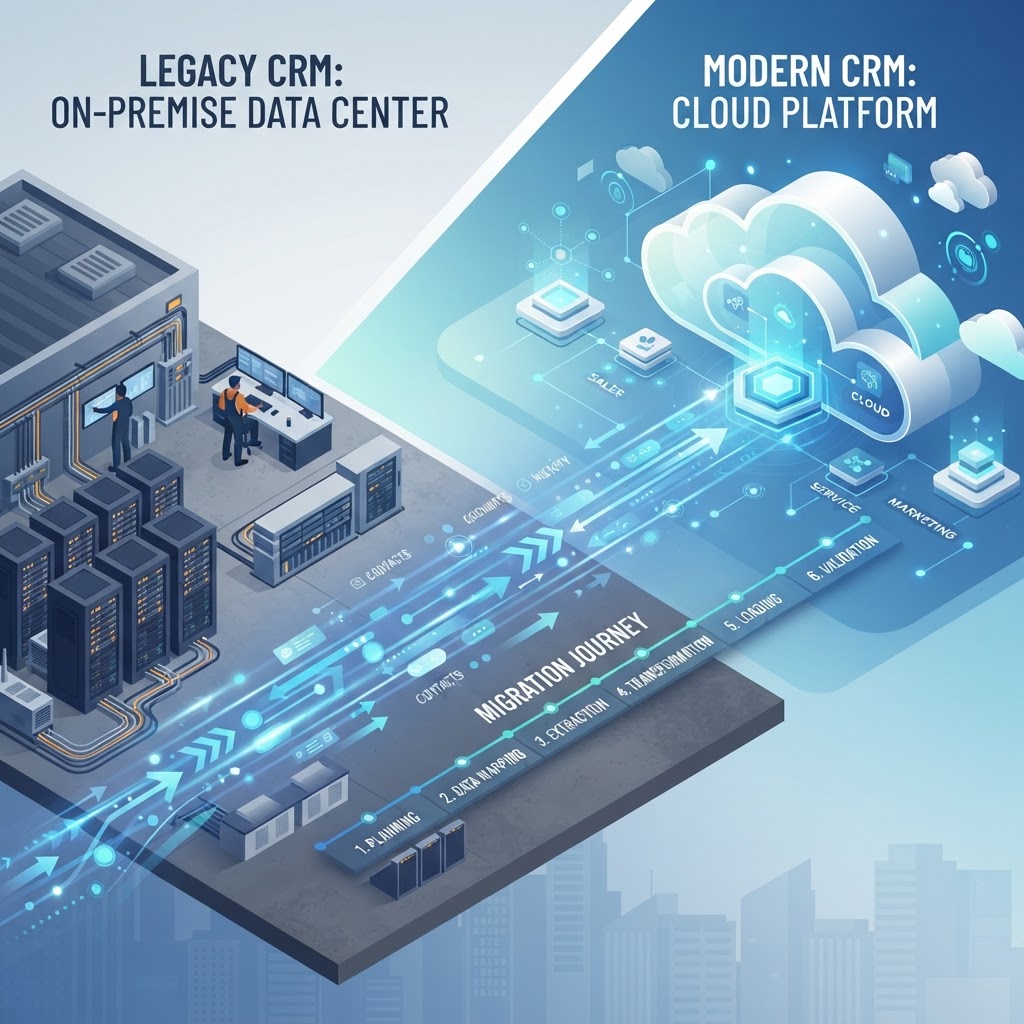 Isometric illustration showing CRM migration from on-premise servers on left to cloud infrastructure on right, with data streams and progress indicators connecting both environments.