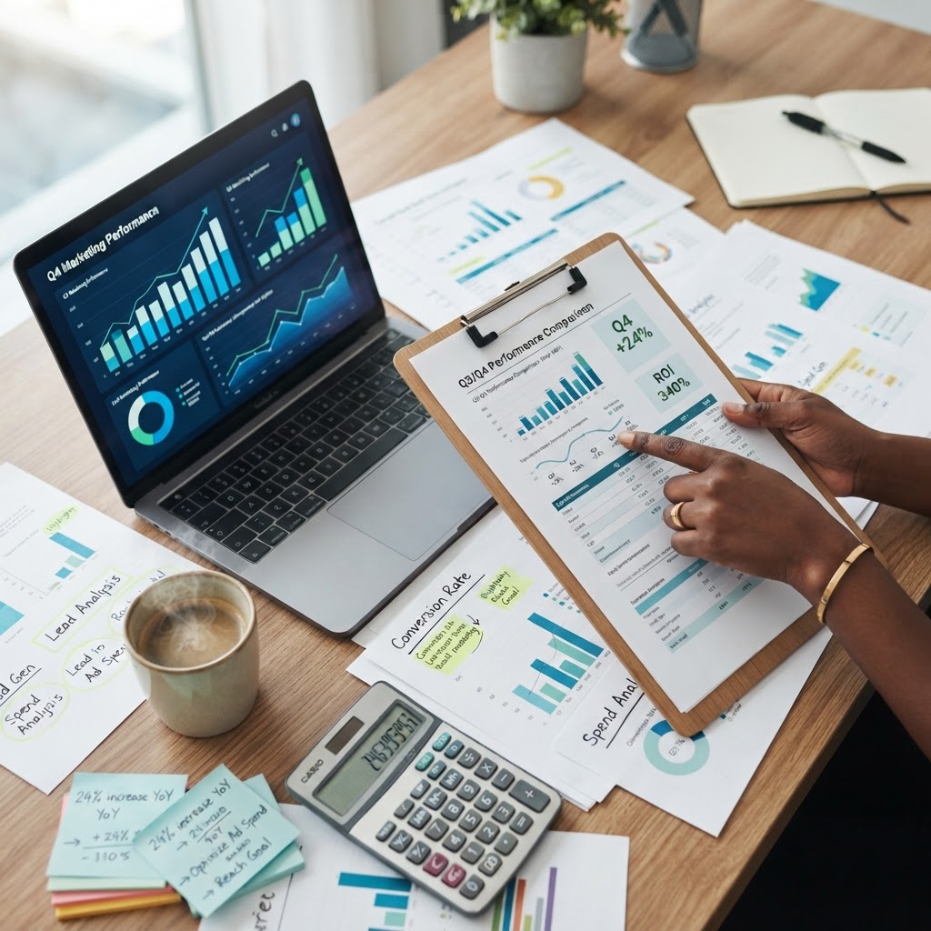 Business professional analyzing CRM performance metrics on laptop dashboard with printed ROI reports, calculator, and data charts on desk during analysis session.
