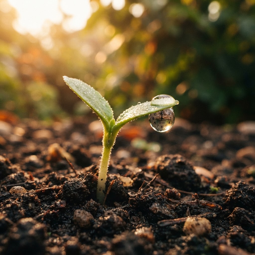 Young seedling sprouting from soil with water droplet and embedded clock, symbolizing patience and gradual CRM software ROI growth over time.