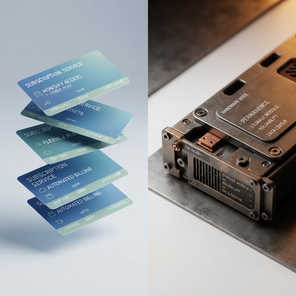 Split-screen comparison showing subscription cards on left versus server hardware on right, representing SaaS versus on-premise CRM cost differences.