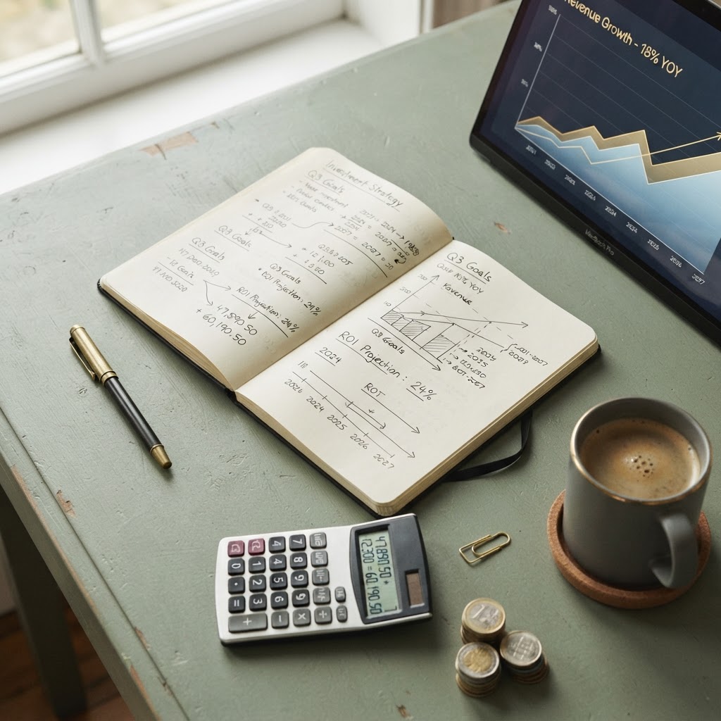 Flat-lay overhead view of financial planning workspace with ROI calculations notebook, calculator, stacked coins, and laptop growth chart on sage desk.