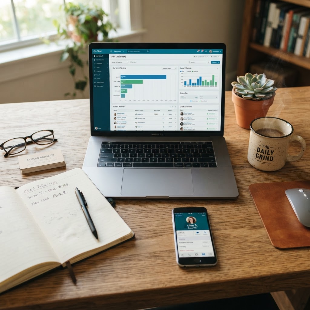 Small business owner’s desk with laptop displaying CRM dashboard, notebook with customer notes, smartphone, and coffee mug in warm natural light.