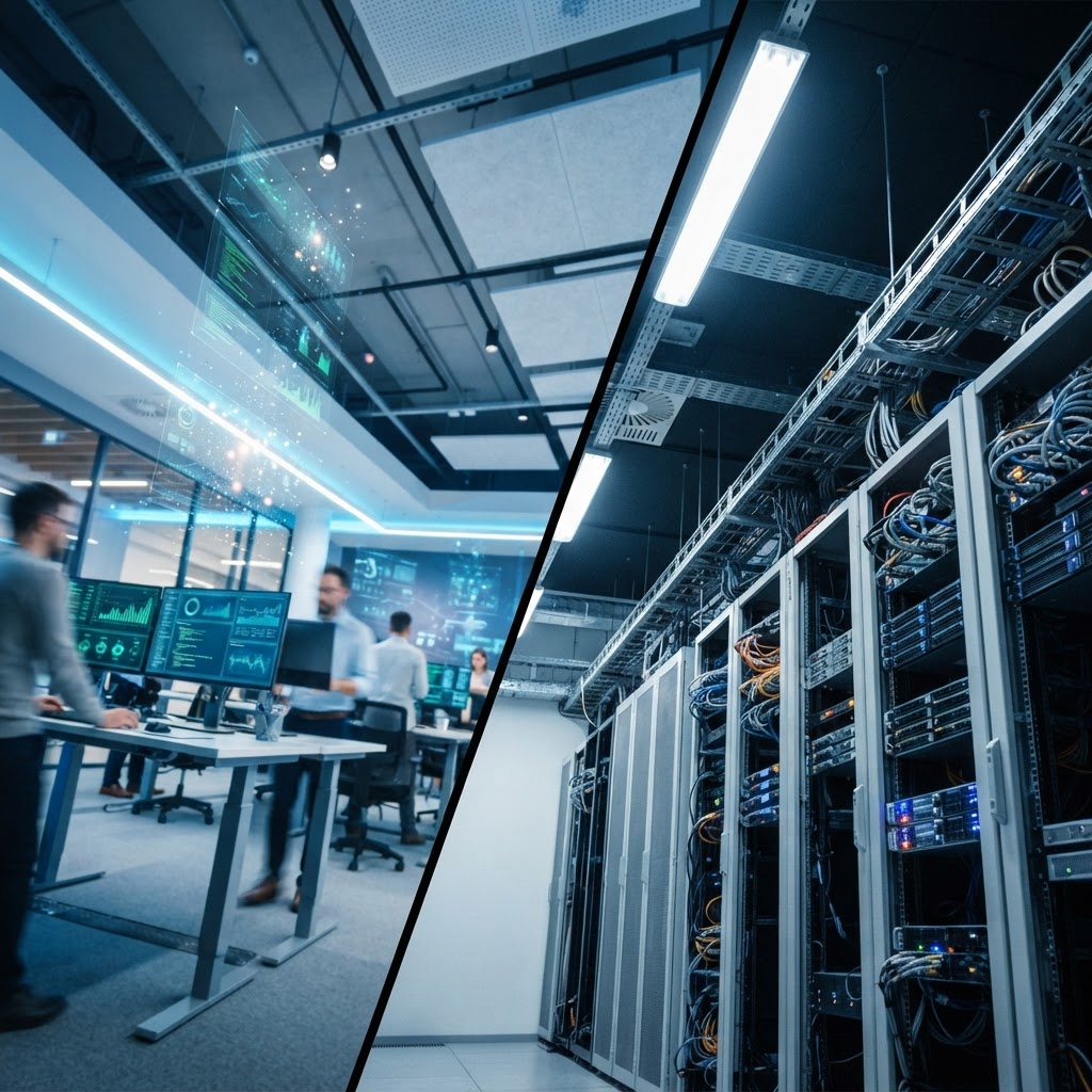 Split-screen comparison showing cloud-based workspace with holographic displays versus traditional server room with physical hardware, illustrating SaaS versus on-premise CRM differences.