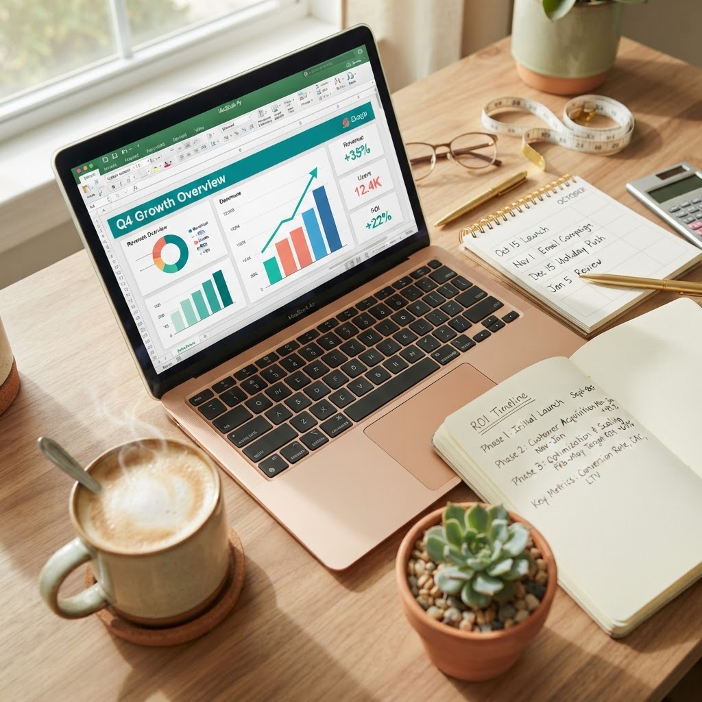 Small business owner’s desk with laptop showing growth charts, coffee cup, ROI timeline notes, and calendar marking CRM implementation milestones in morning light.
