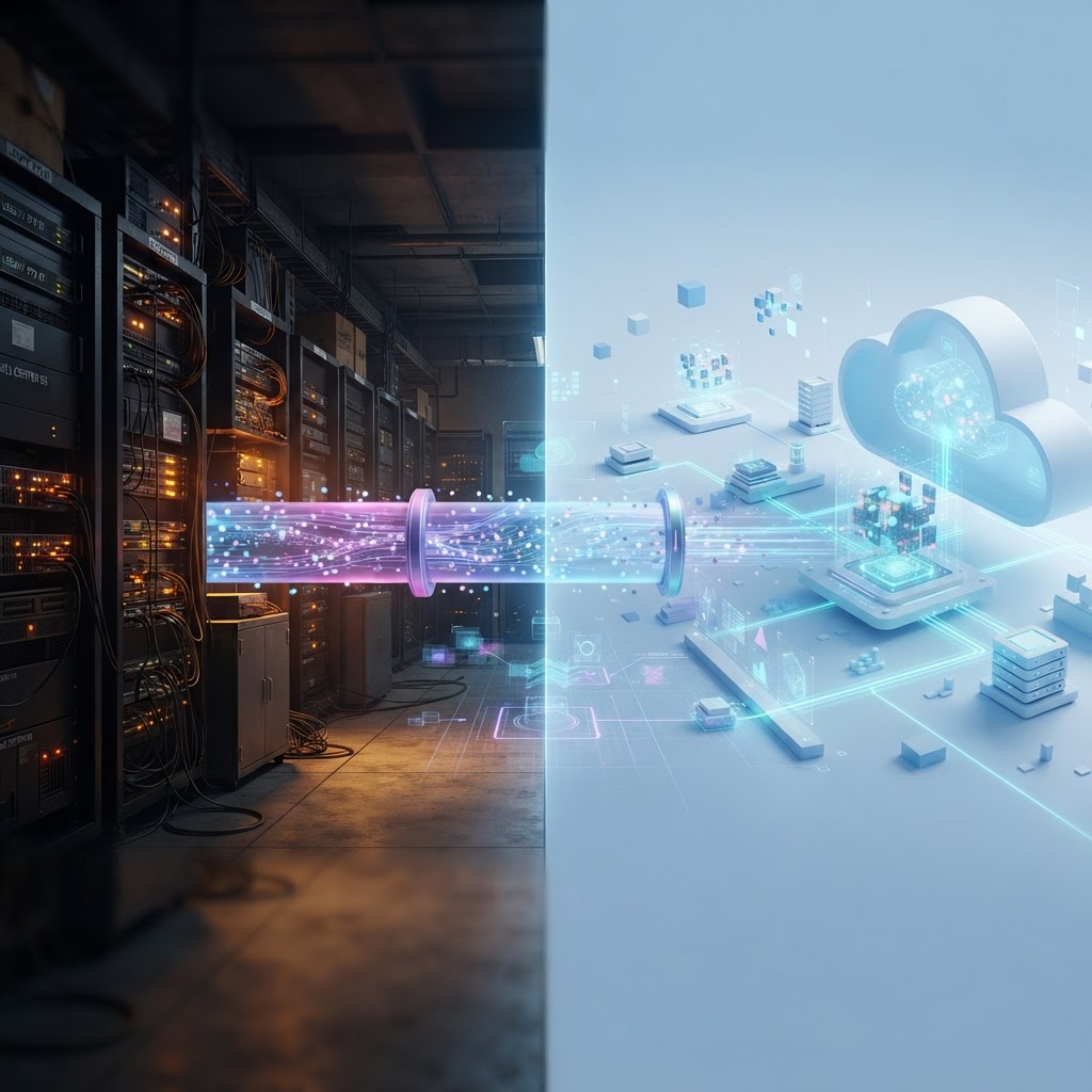 Split-screen illustration showing data migration from legacy server room with warm lighting to bright cloud environment with blue gradients, connected by glowing purple data bridge with flowing particles.