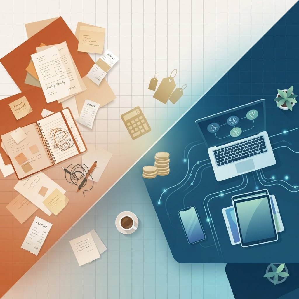 Small business workspace split-screen showing cluttered manual processes with scattered papers on left transforming into organized digital CRM system with connected data icons on right.