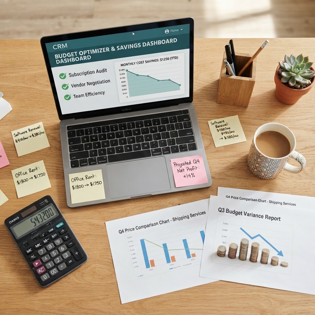 Small business owner’s desk displaying CRM dashboard on laptop surrounded by budget charts, calculator, and cost comparison documents for affordable software selection.