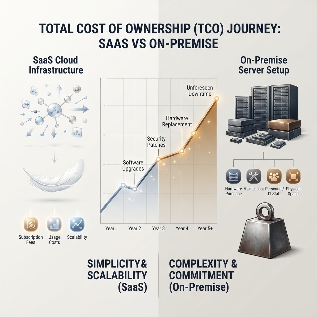 Split-screen TCO comparison showing SaaS cloud costs as light, scalable icons versus on-premise server costs as heavy stacked blocks, with timeline highlighting hidden expenses.