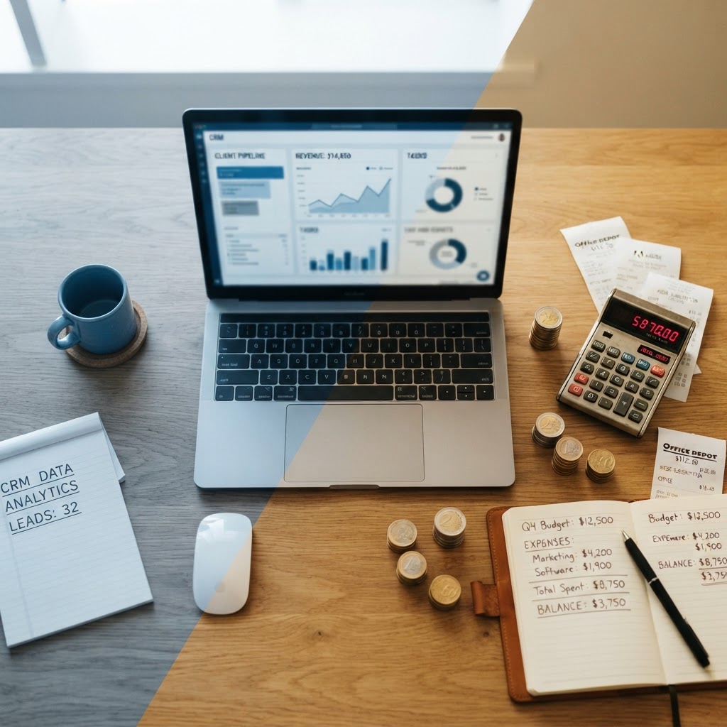 Overhead view of desk comparing CRM software dashboard on laptop with physical cost symbols including calculator, coins, and budget notes representing small business expenses.