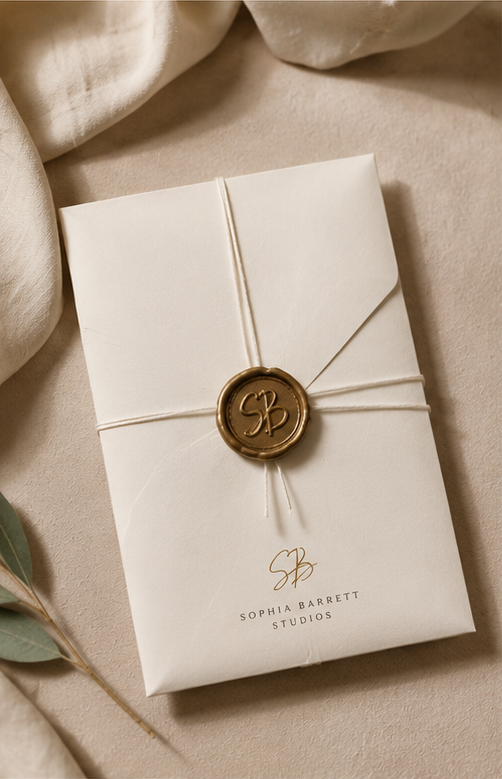 Heirloom envelope with wax seal, ribbon, and pressed botanical on linen