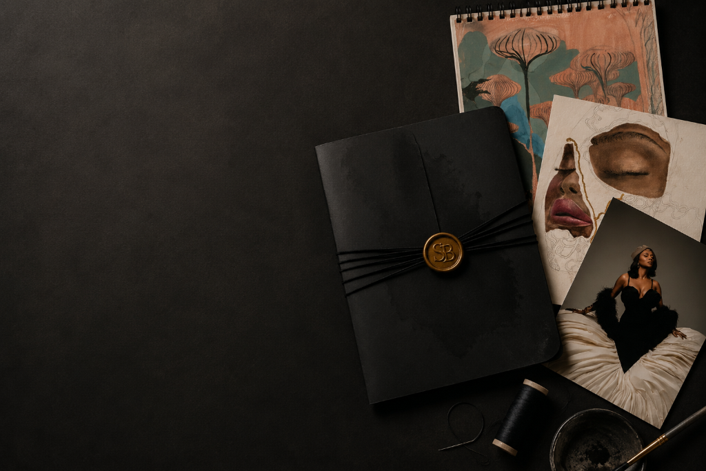 Notes From The Studio — studio flat lay with envelope, sketchbook, and art prints
