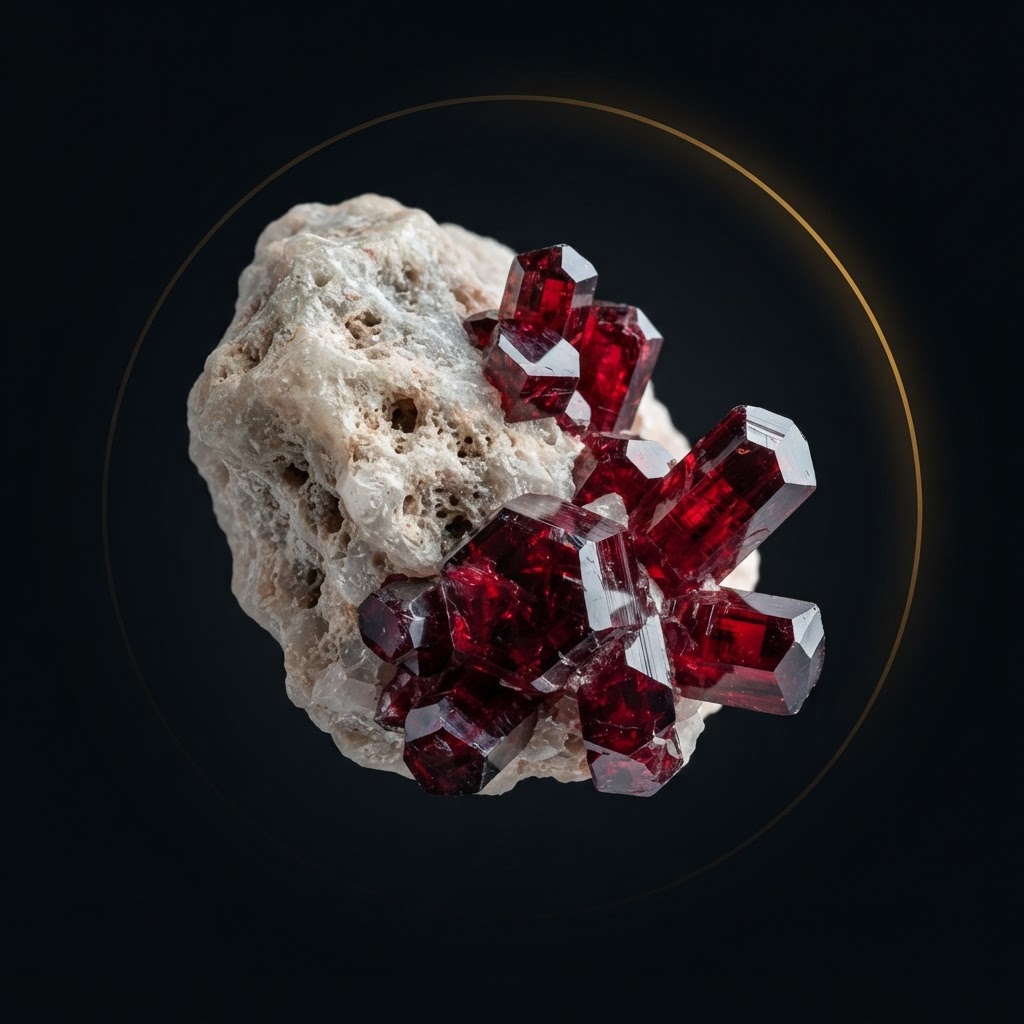 AI artwork of crimson Red beryl crystals on a frost-white matrix