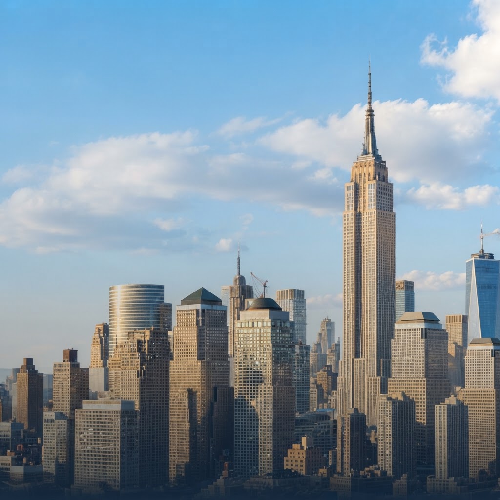 The Manhattan skyline and Empire State Building under a bright blue sky