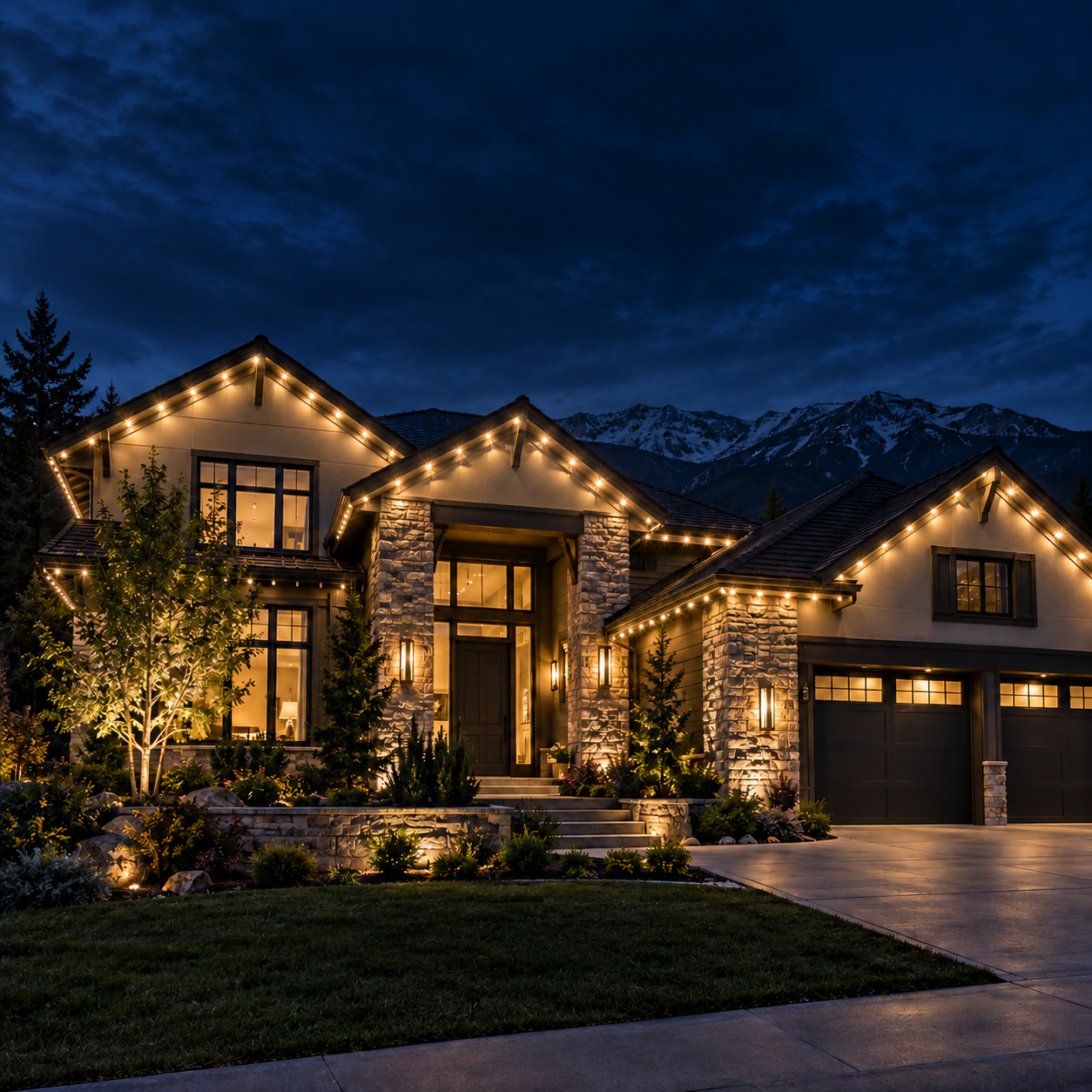 Home with permanent Strata LED track lighting along the roofline at dusk