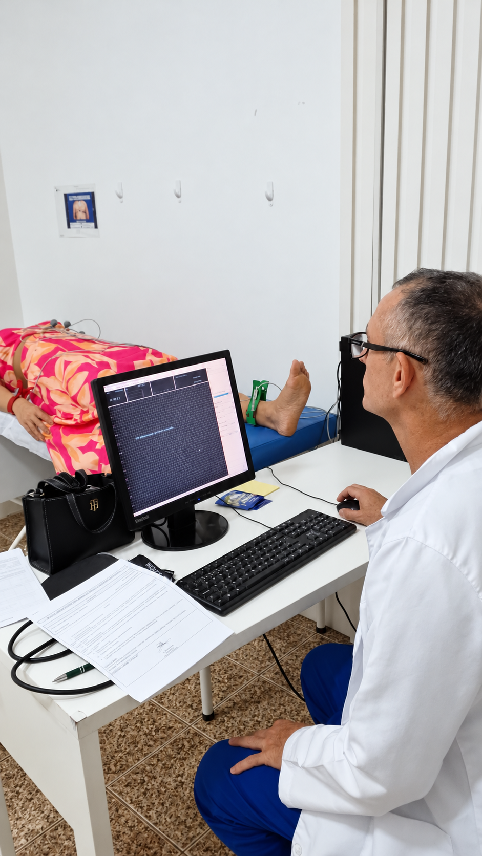 Médico no computador durante consulta, com paciente na maca utilizando monitor cardíaco.