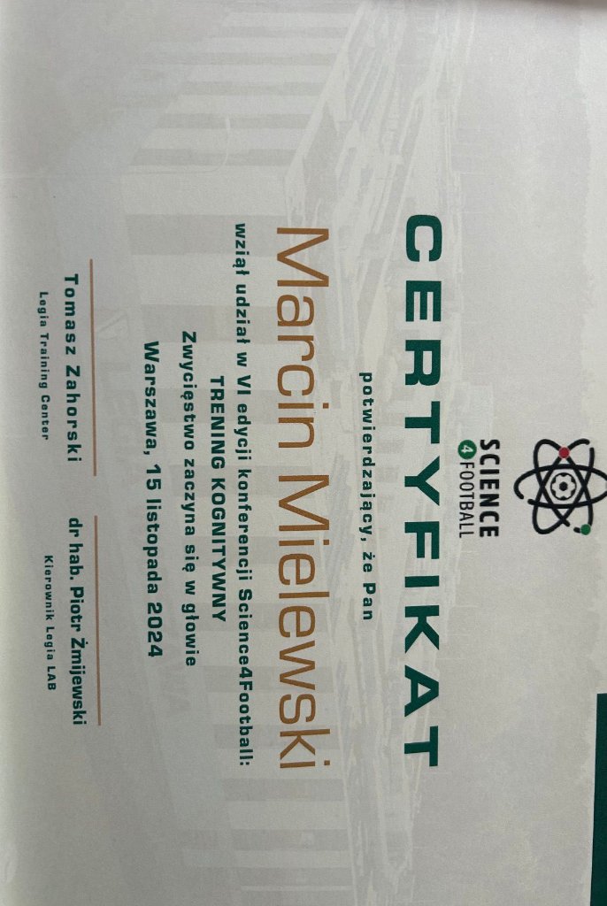 Science4Football Certificate — Cognitive Training, Legia Warsaw 2024
