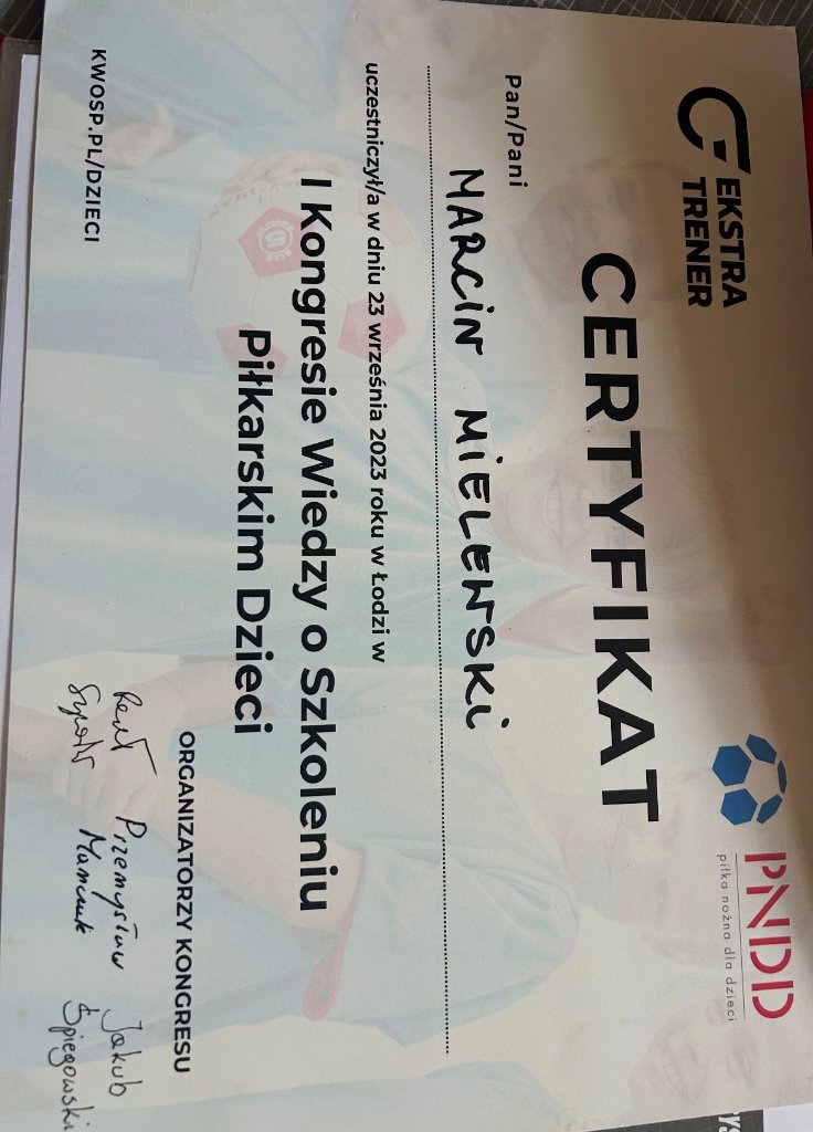 Ekstra Trener Certificate — 1st Congress on Football Education for Children, Łódź 2023