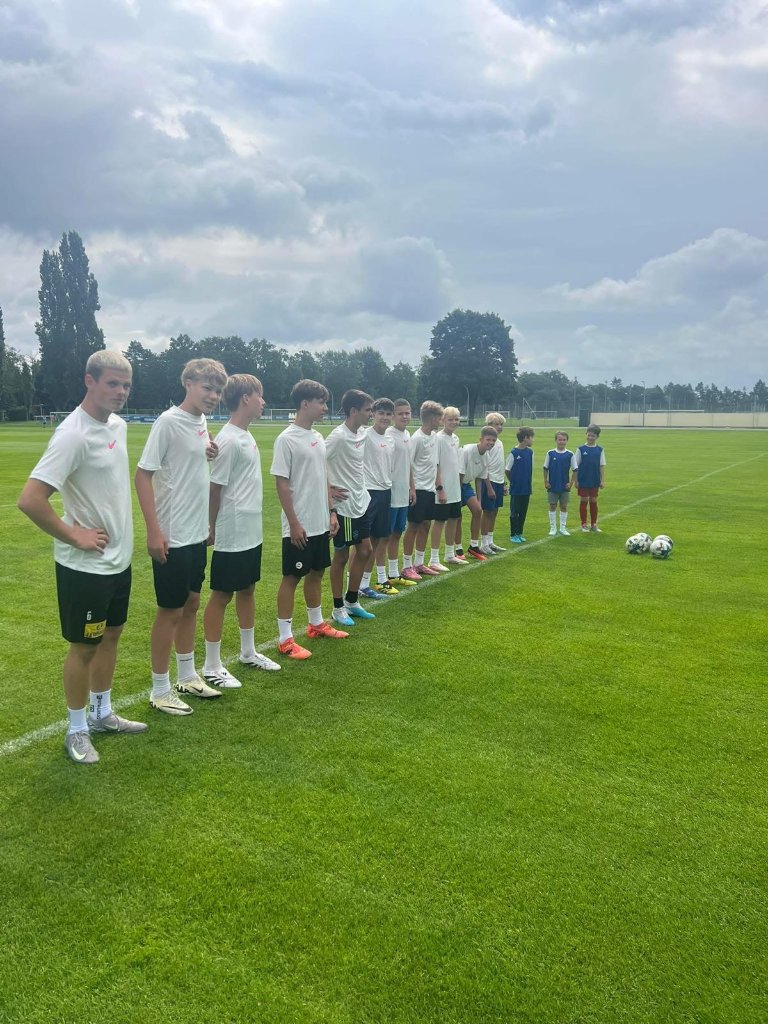 Junior team lineup before training on professional pitch – Football IQ camp