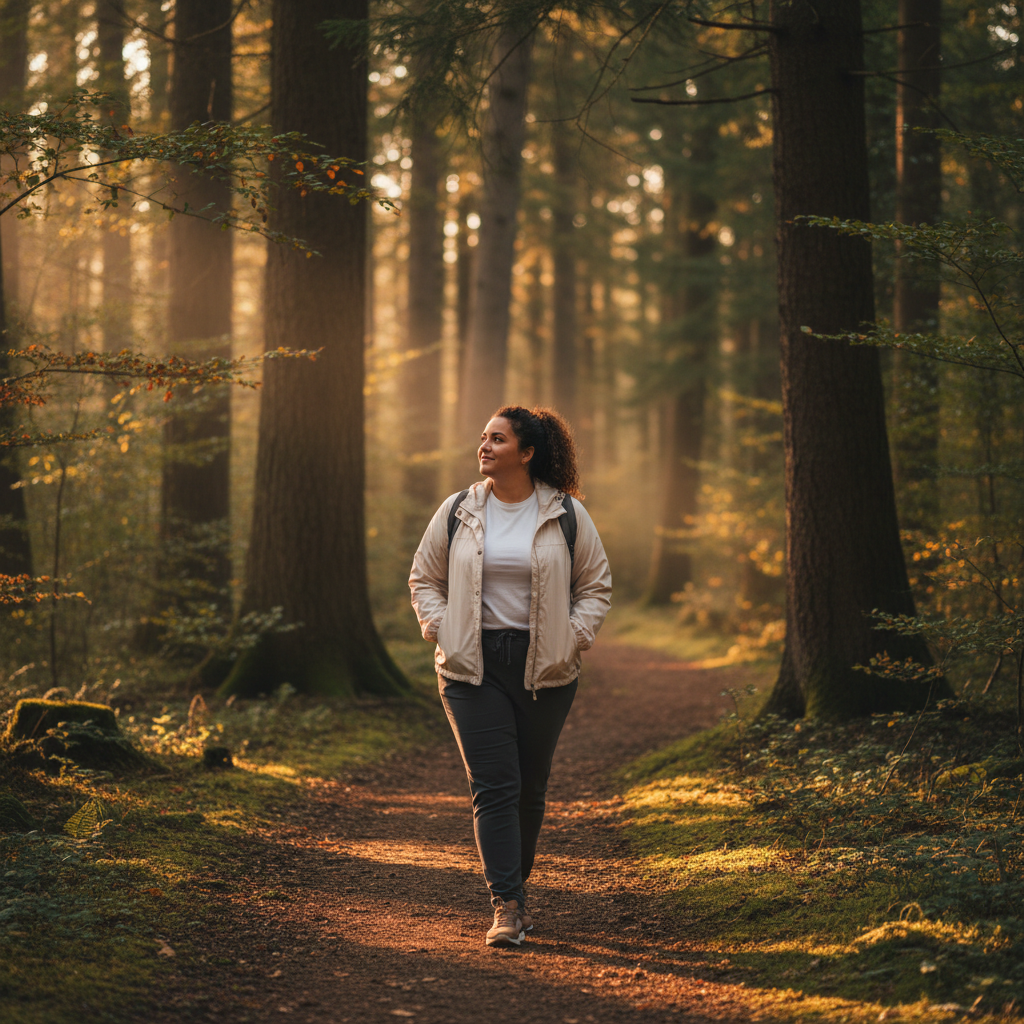 Forest trail winding through trees with dappled sunlight