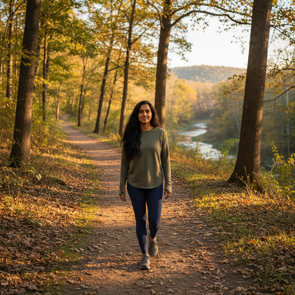 Woman walking peacefully on a sunlit nature trail in Richmond Virginia