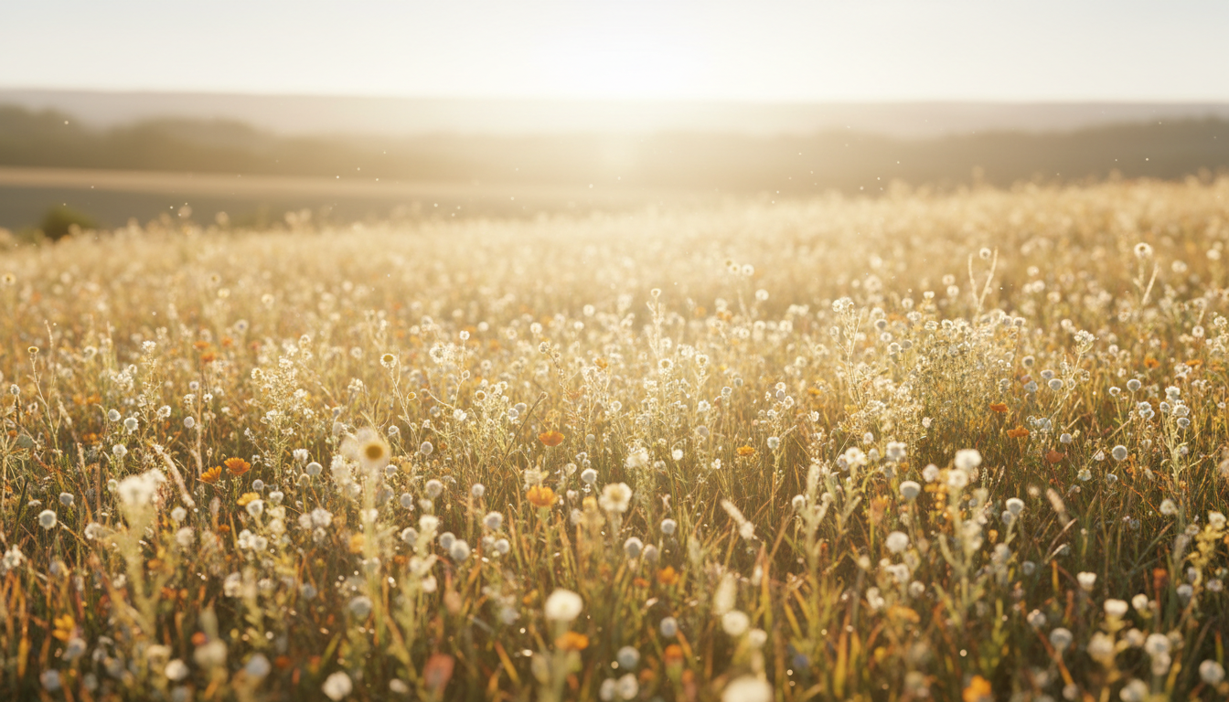 Sun-dappled meadow at golden hour with wildflowers
