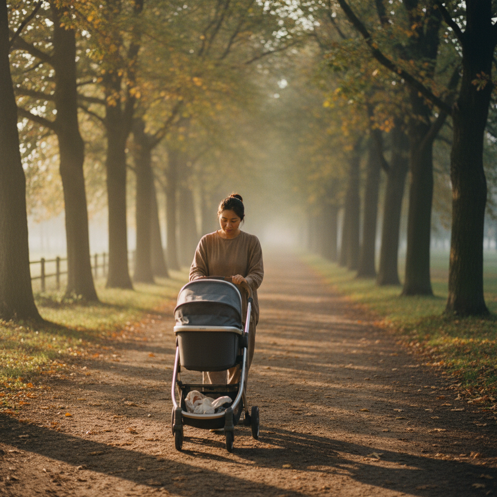 A mother walking along a quiet tree-lined path carrying her baby in golden morning light