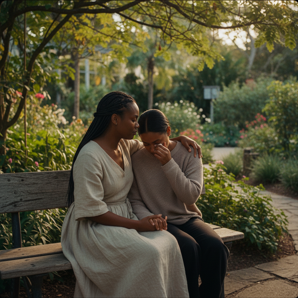 Two women sitting together in a sunlit garden, one offering compassionate support to the other