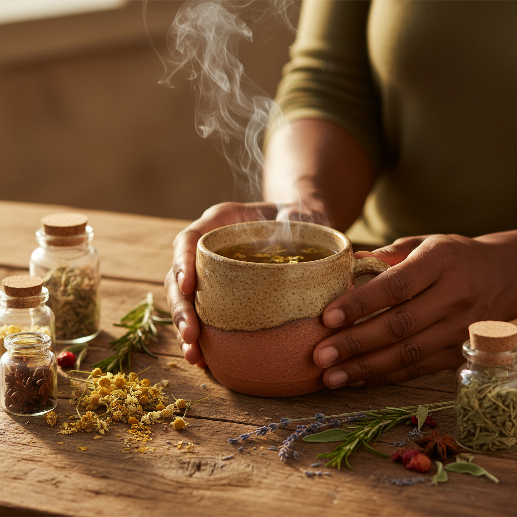 Herbal teas, dried botanicals and hands cradling a ceramic mug in warm natural light