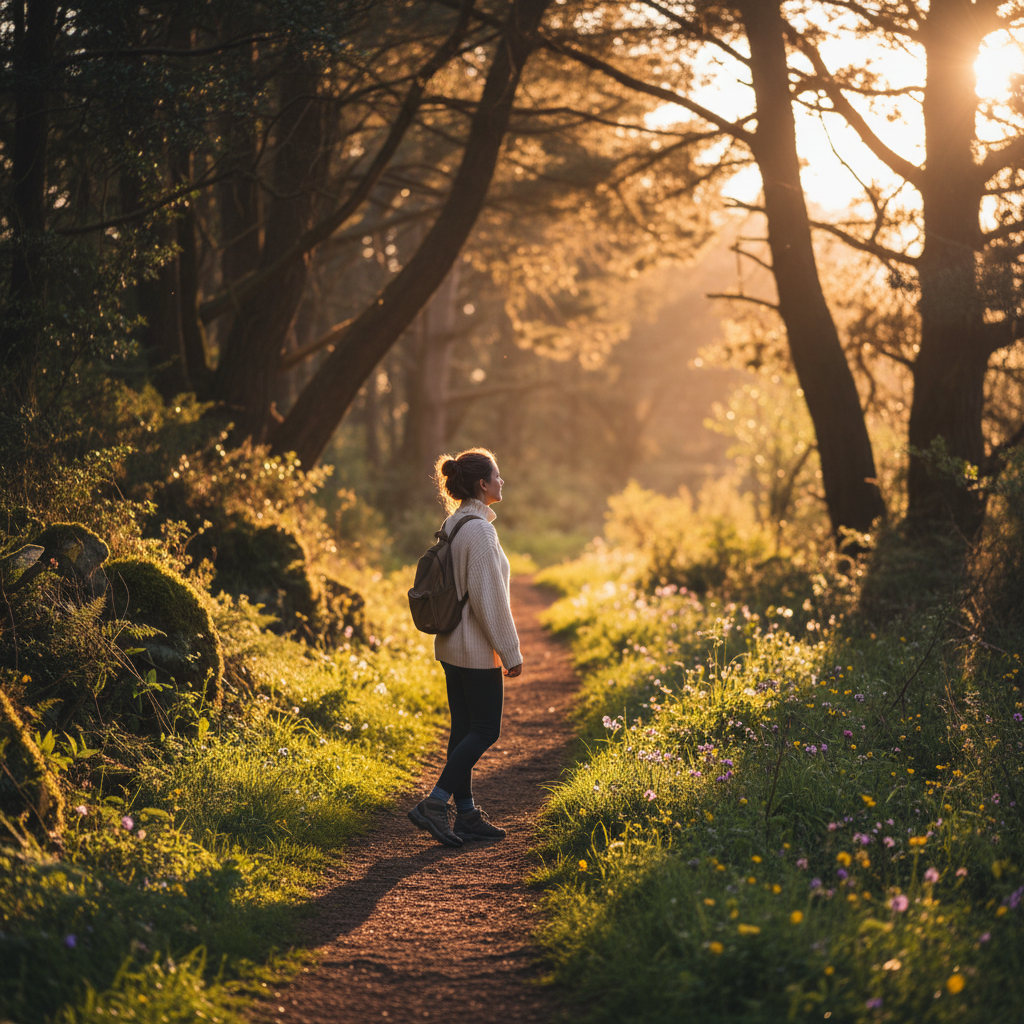 A woman walking peacefully through the woods in nature