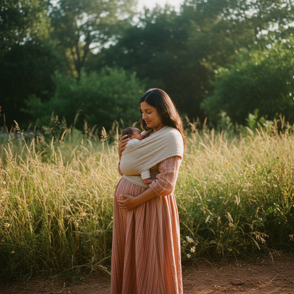 A pregnant woman of color walking in nature with her young child by her side