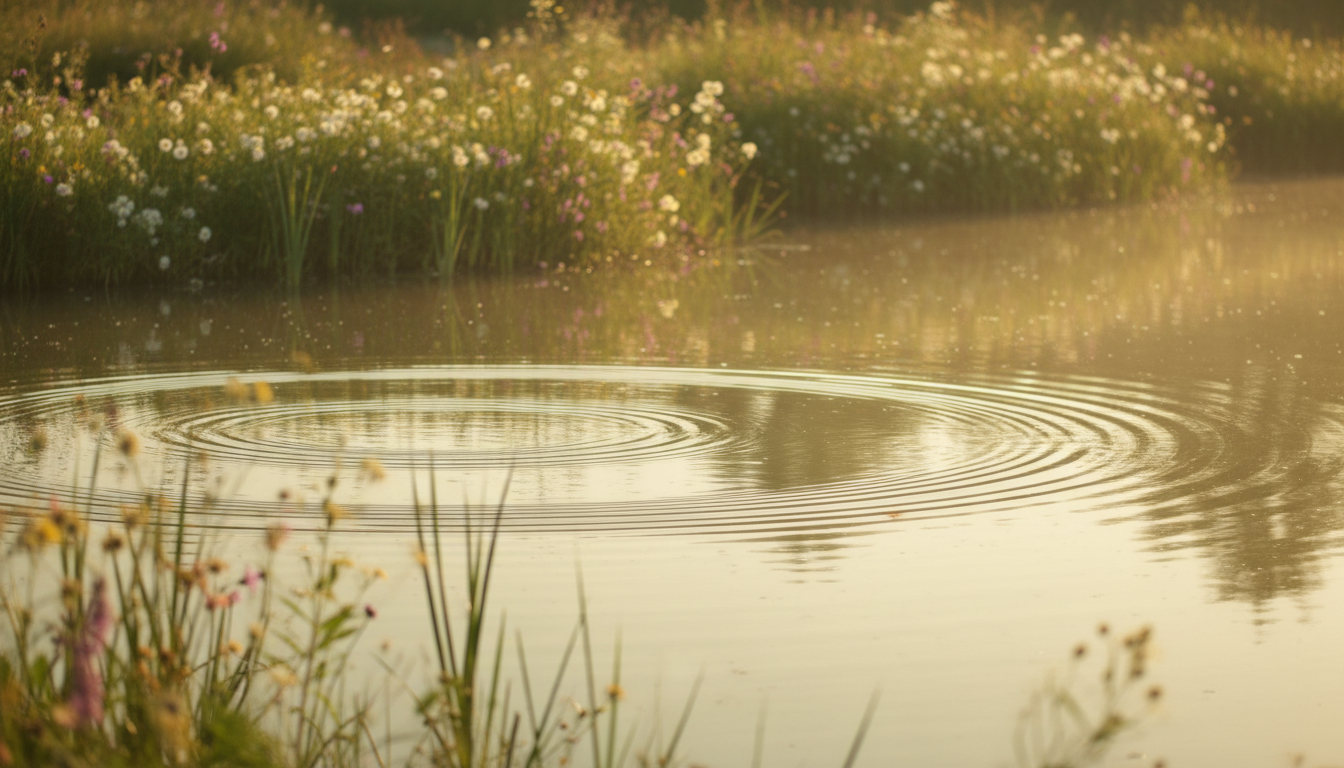 Calm pond with gentle ripples surrounded by reeds in morning light