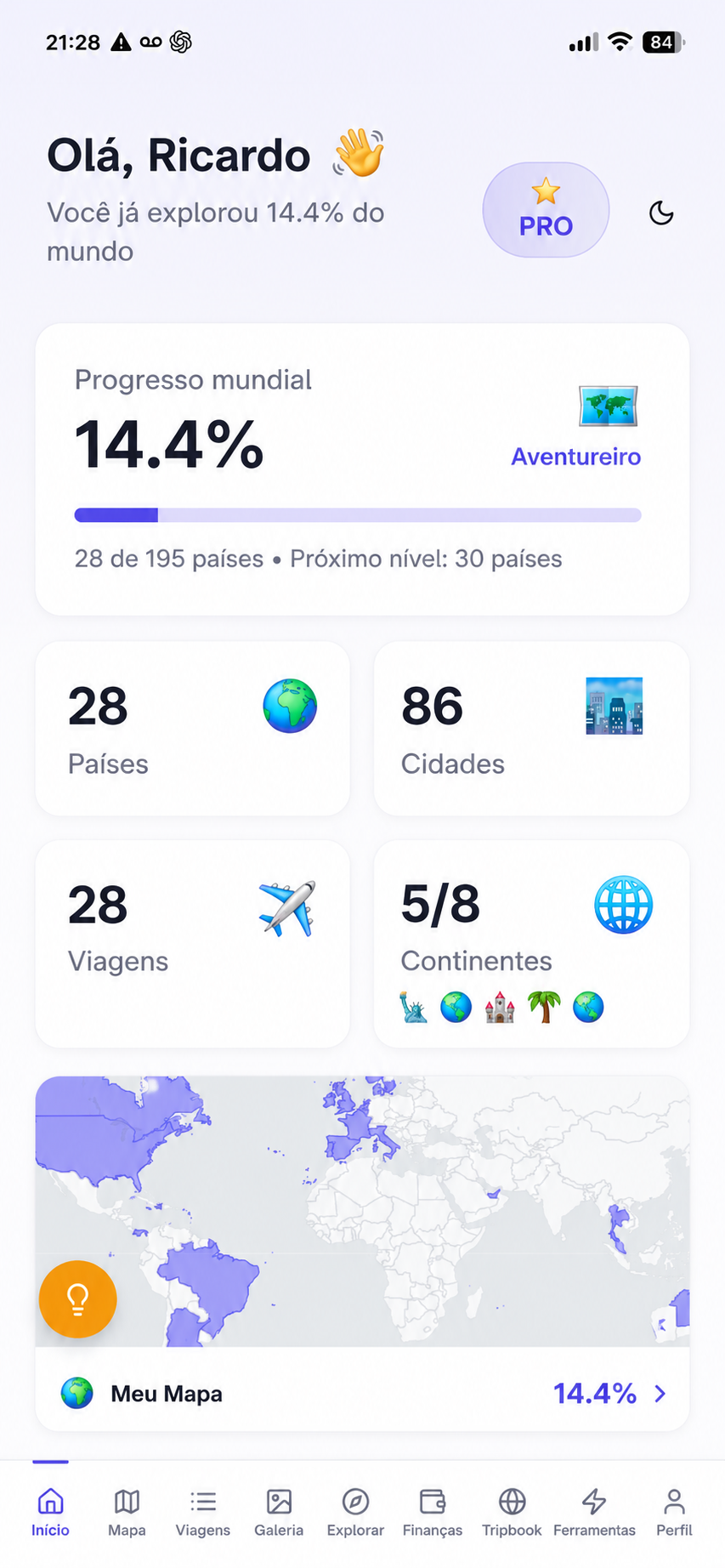 Tela inicial do GlobeTrack com progresso mundial