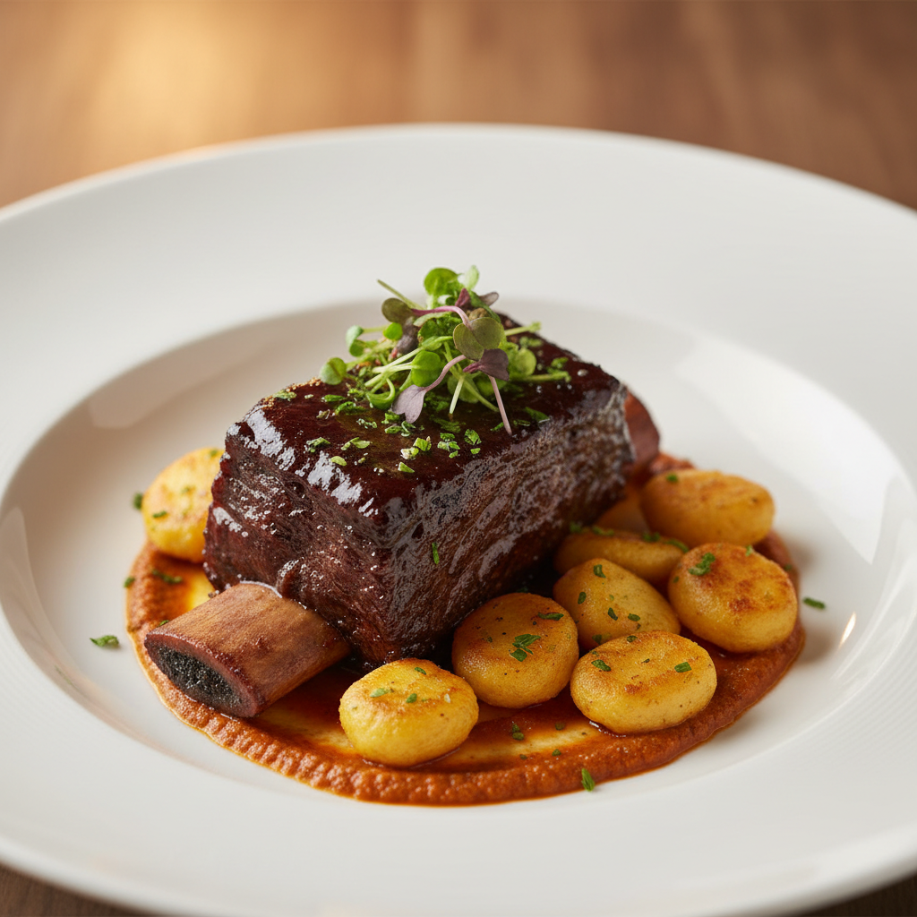 Spanish Short Rib with Saffron Gnocchi and Romesco Sauce
