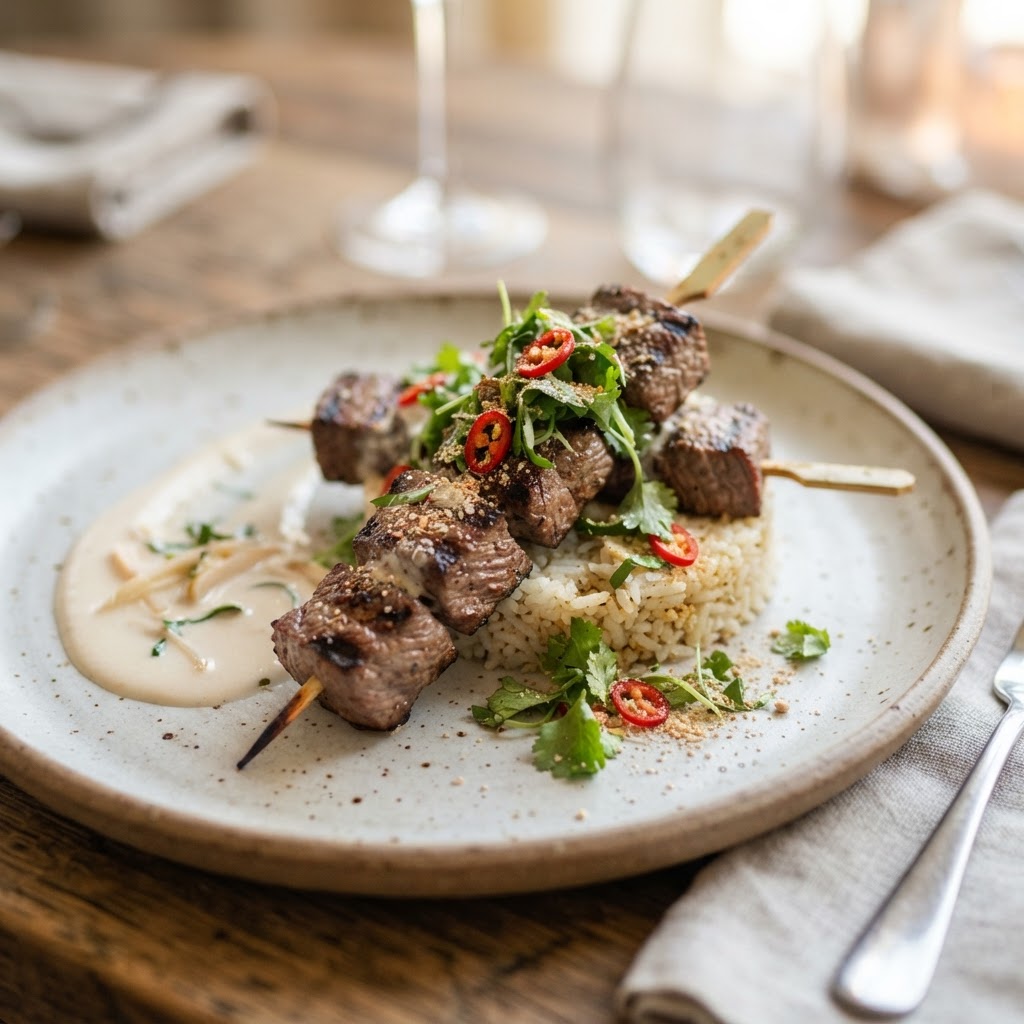 Lemongrass Beef Skewers with Tom Kha Coconut Reduction