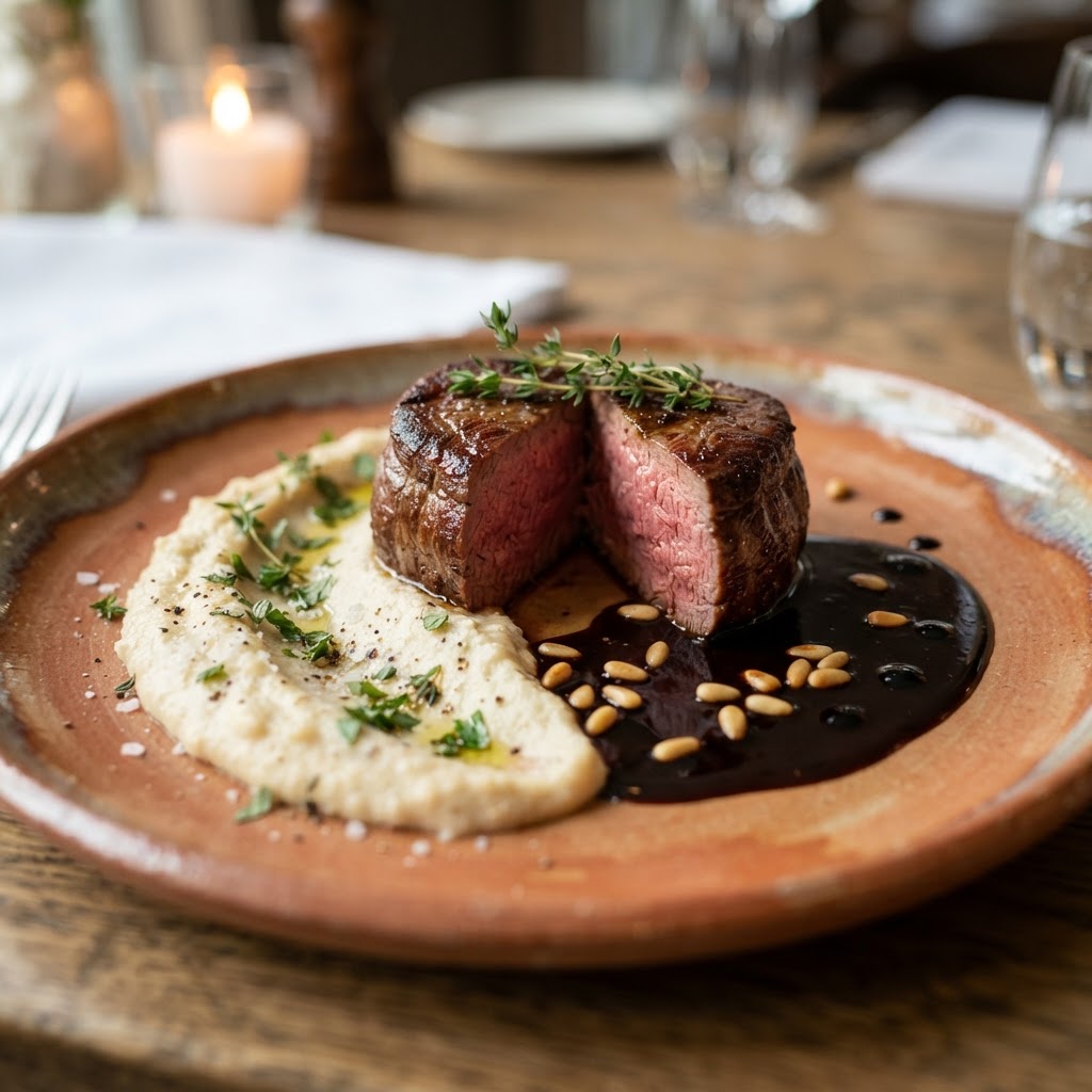Pan-Seared Filet Mignon with Malanga Silk & Balsamic Gastrique