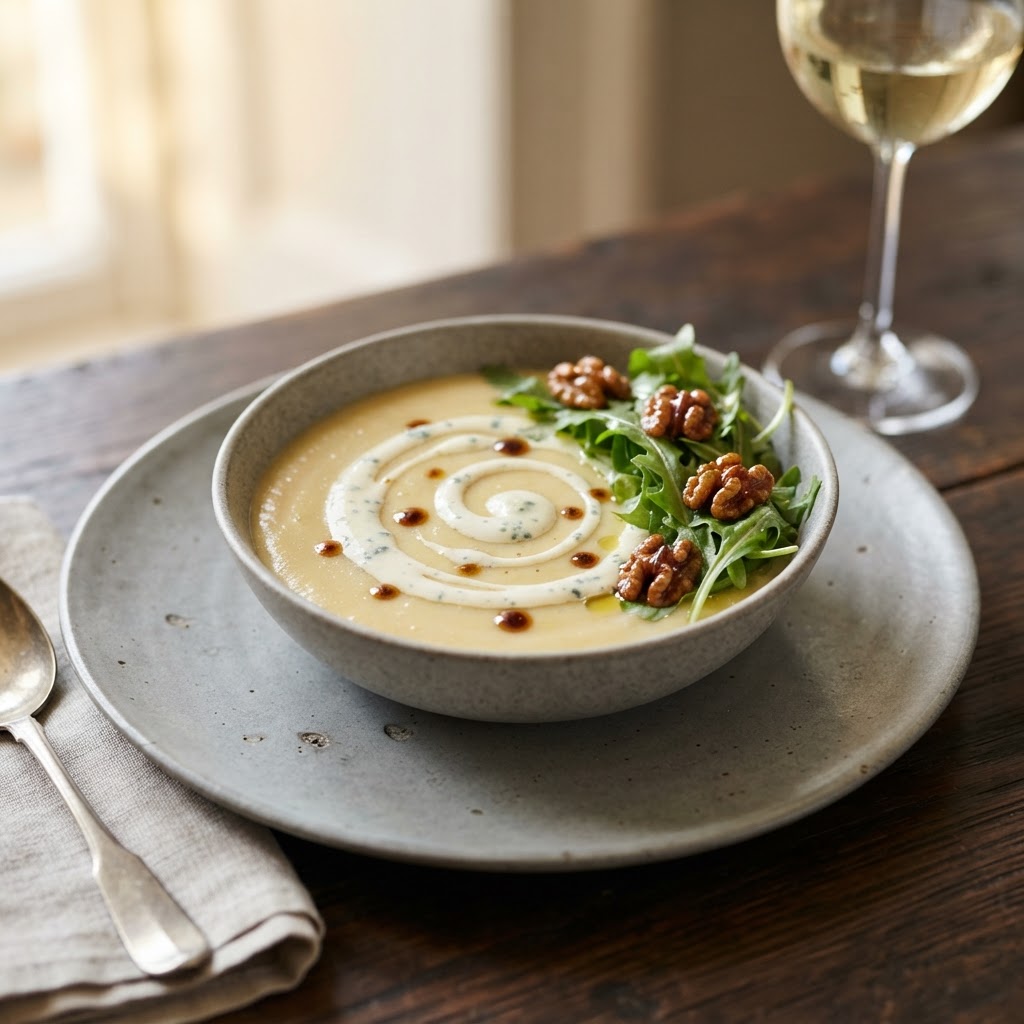 Roasted Pear and Gorgonzola Soup with Candied Walnut Gastrique