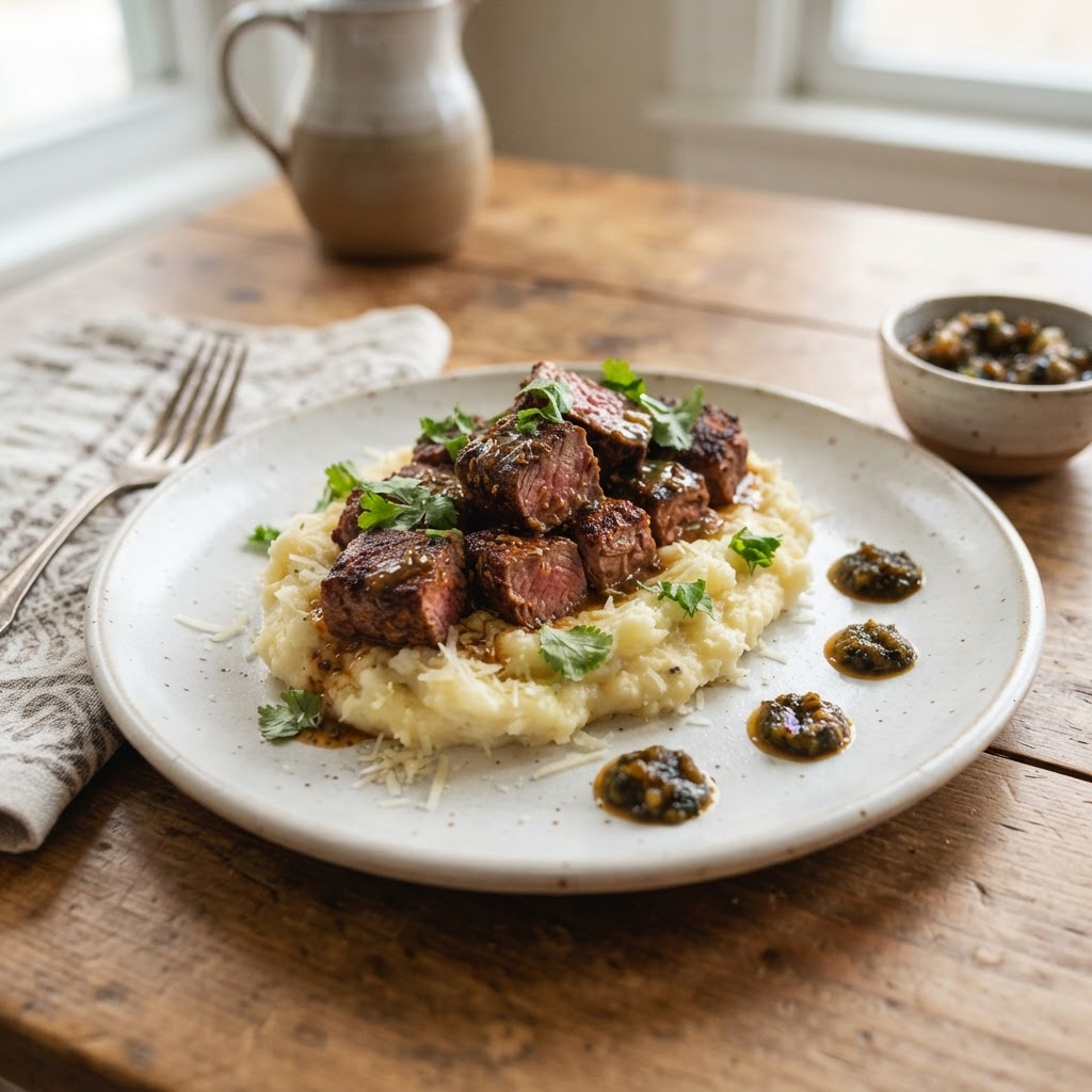 Cajun Steak Bites with Creamy Parmesan Mashed Potatoes