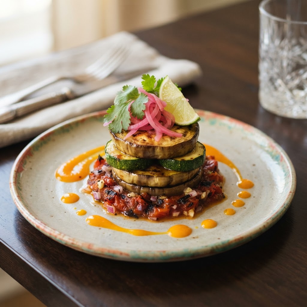 Caramelized Eggplant & Zucchini with Charred Tomato Sofrito and Mango-Habanero Sauce