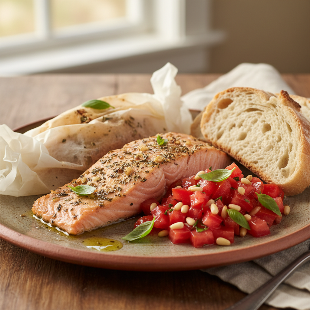 Garlic Basil Salmon en Papillote with Tomato Salsa