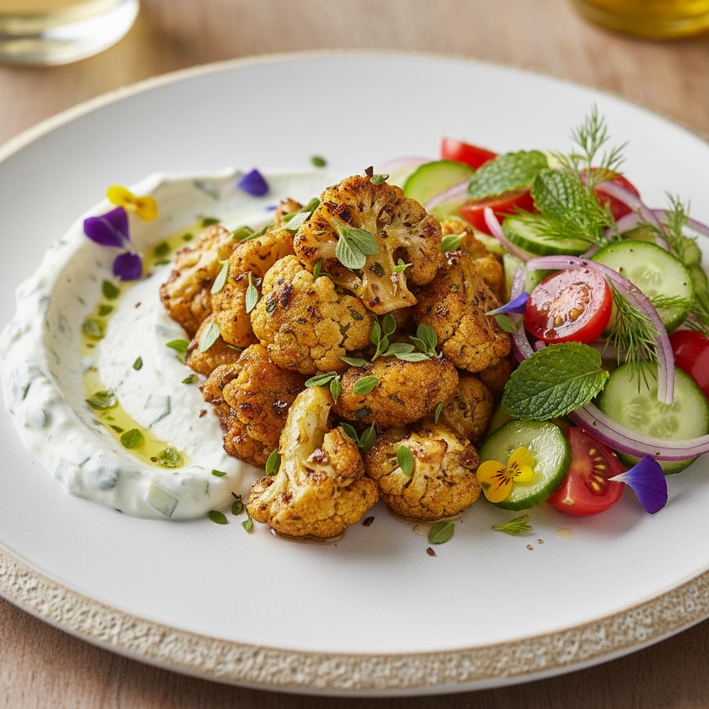 Herbed Roasted Cauliflower with Tzatziki & Garden Salad
